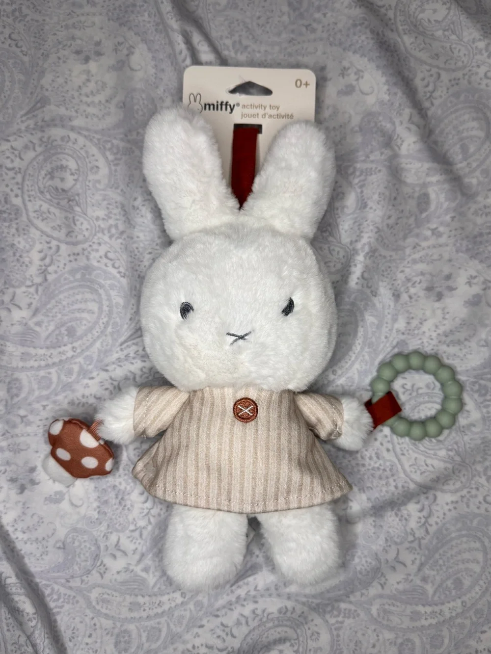miffy White Plush Activity Toy with Beige Stripe Dress and Mint Teether